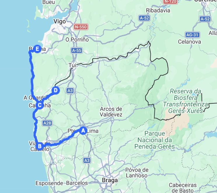 Map of the cycling route from Ponte de Lima through Viana do Castelo, Caminha and Vila Nova de Cerveira to Baiona in Spain